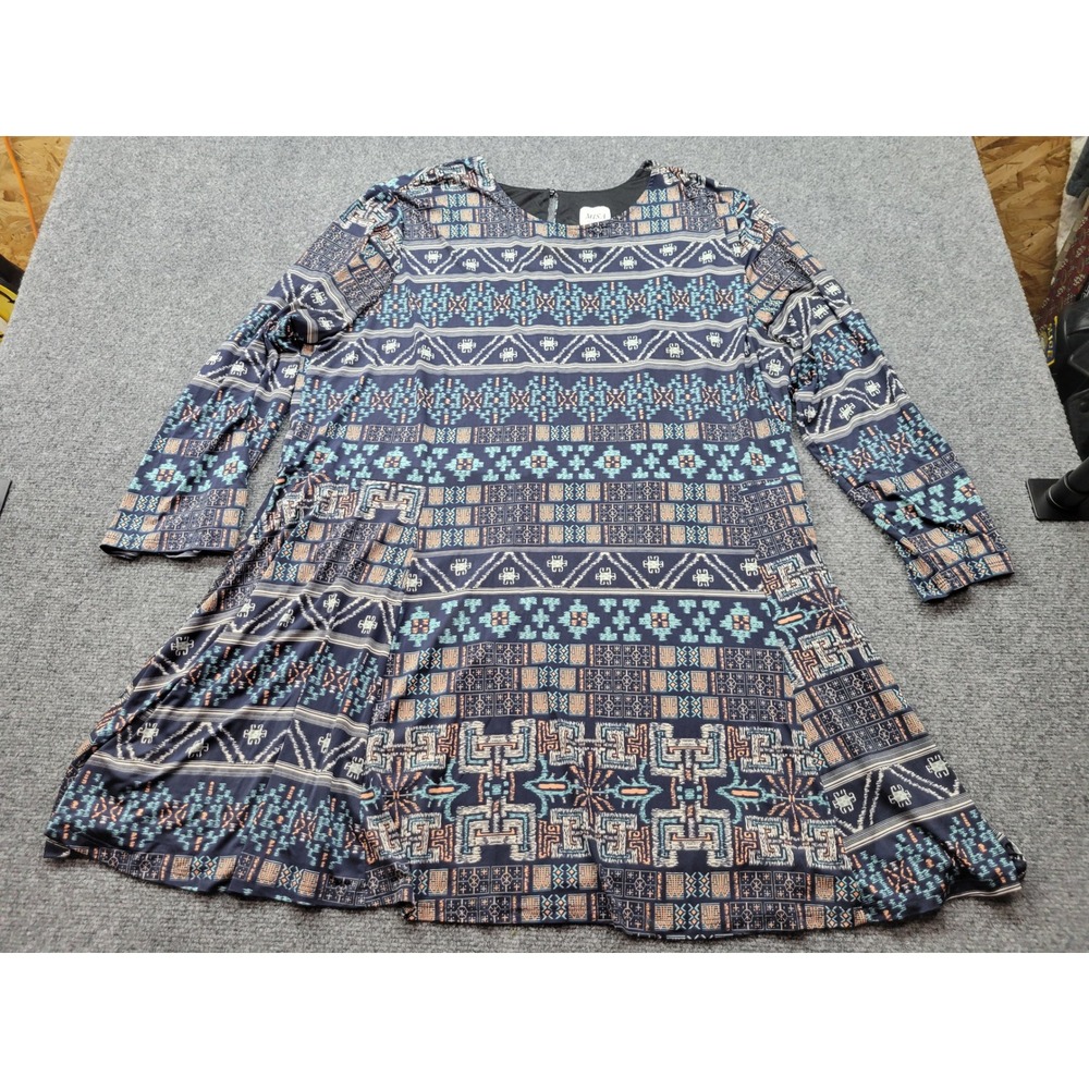 MISA Los Angeles 3X Geometric Tribal Print Long Sleeve Mini Dress Navy Teal